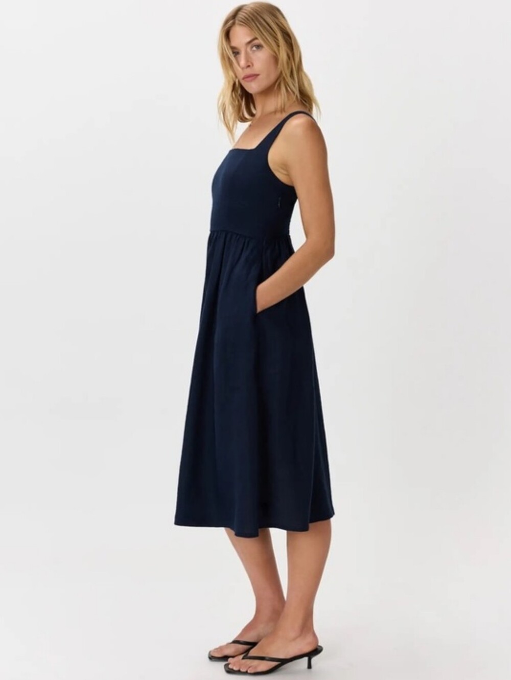 Quince 100% European Linen Fit & Flare Midi Dress Deep Navy Blue Coastal Size XS - Picture 2 of 14